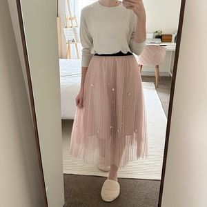 blush layered tulle flowy midi skirt